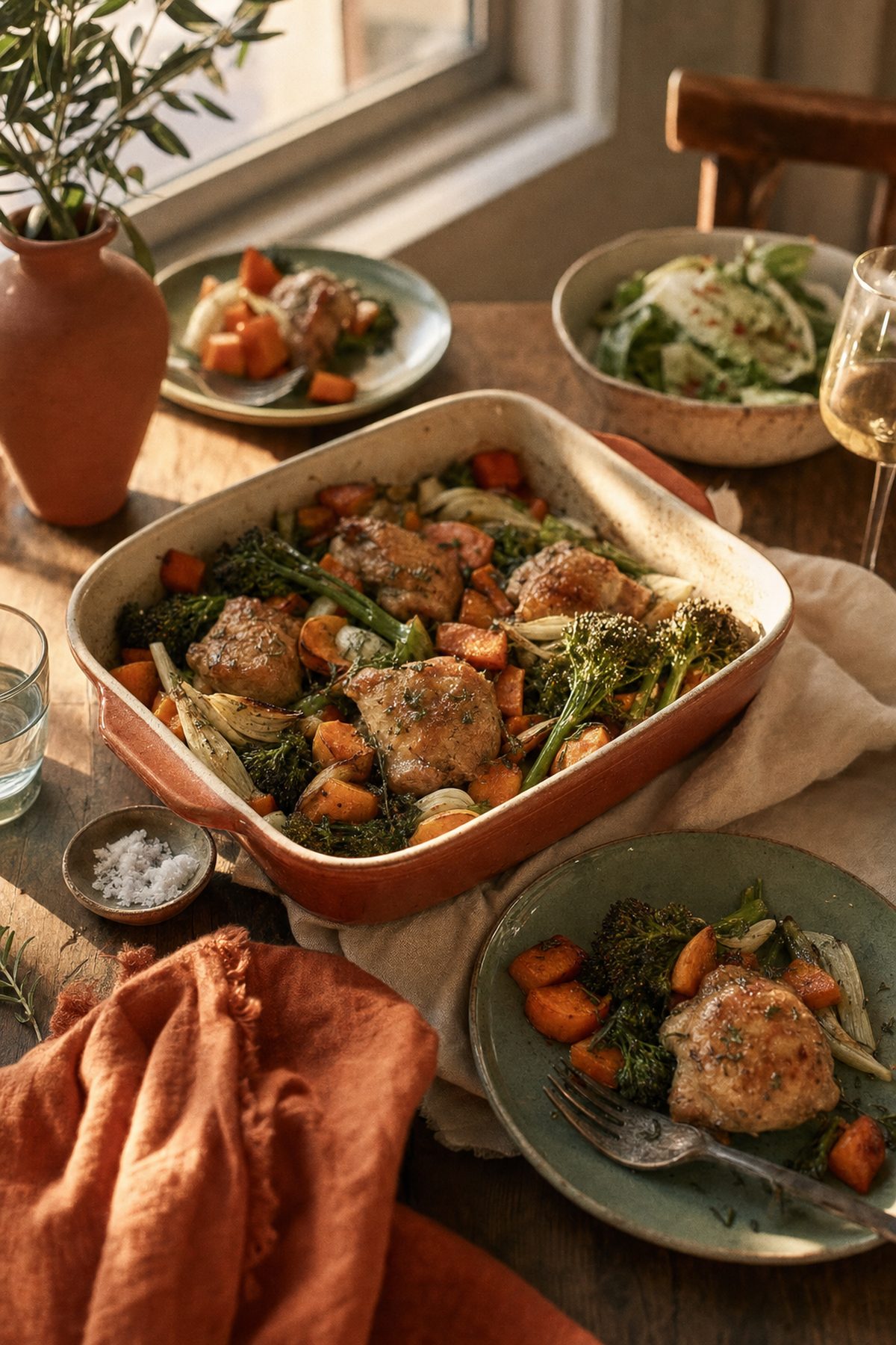 A weeknight sheet-pan dinner on a warm family table