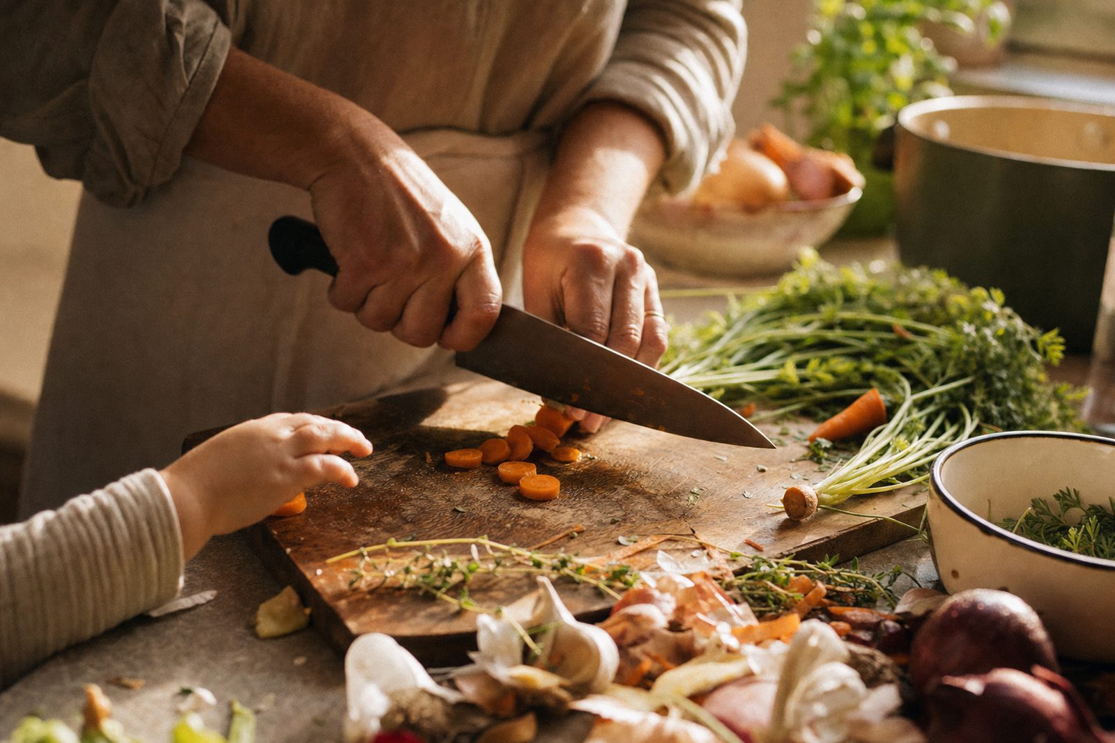 A parent chopping carrots while a small hand reaches for a slice